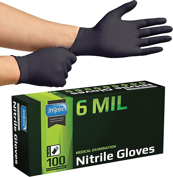 Inspire Black Nitrile Gloves HEAVY DUTY 6 Mil Nitrile Chemical Resistant Medical Grade Gloves Latex Free Powder Free Textured Gloves for Mechanic, Cleaning, Food Disposable Box of 100 Large