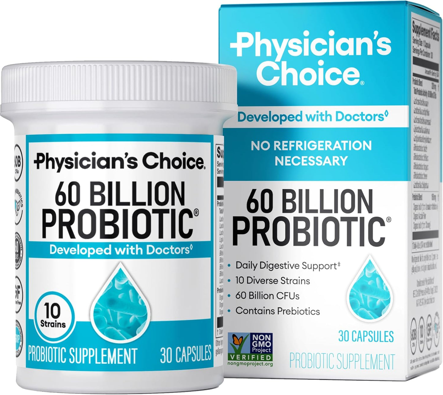 Physician's Choice Choice Probiotics 60 Billion CFU - 10 Diverse Strains Plus Organic Prebiotics - Tongue & Dietary Supplement - Acidophilus Probiotic for Women & Men - 30 Capsules