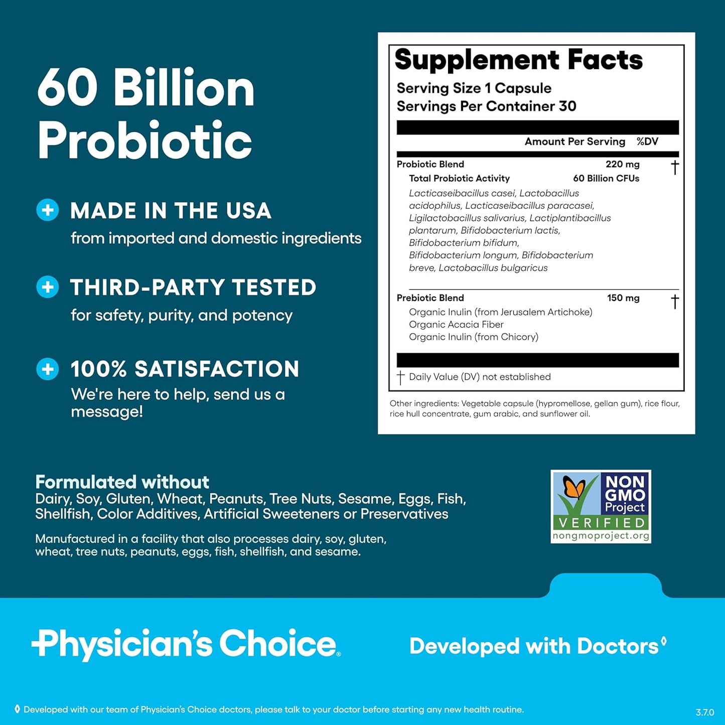 Physician's Choice Choice Probiotics 60 Billion CFU - 10 Diverse Strains Plus Organic Prebiotics - Tongue & Dietary Supplement - Acidophilus Probiotic for Women & Men - 30 Capsules