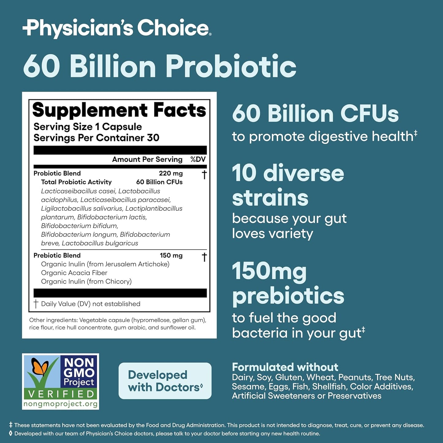 Physician's Choice Choice Probiotics 60 Billion CFU - 10 Diverse Strains Plus Organic Prebiotics - Tongue & Dietary Supplement - Acidophilus Probiotic for Women & Men - 30 Capsules